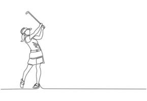 dibujo de una sola línea continua joven jugadora de golf swing club de golf y golpeó la pelota. concepto de deporte de ocio. torneo de golf profesional. estilo de vida saludable. vector de diseño gráfico de dibujo de una línea