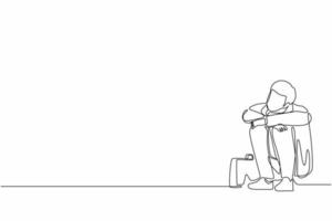 Continuous one line drawing depressed businessman suffer emotion sadness melancholy stress with briefcase sitting in despair on the floor. Worker sad gesture expression. Single line draw design vector