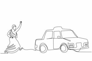 Single continuous line drawing Arabian businesswoman chasing taxi. Office manager late and running to get cab. Transportation and vehicle in deadlines. One line draw graphic design vector illustration