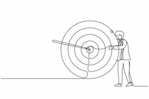 Single one line drawing businessman hugs and stands next to circle of target, arrow that hit target right in middle and analyze result of achievement within company. Continuous line draw design vector