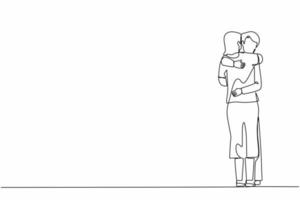 Single continuous line drawing young woman gives warm hug to her husband, being pleased, romantic relationship. Husband and wife feel pleased and togetherness. One line draw design vector illustration