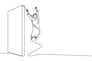 Continuous one line drawing Arab businessman managed to jump over the wall. Man jumps over the wall, outside comfort zone to get new experience, fun and excited. Single line draw design vector graphic