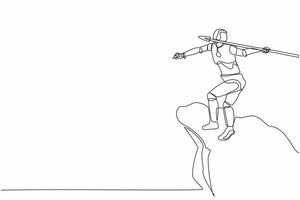 Continuous one line drawing robot standing on peak of cliff targeting dartboard with big arrow. Humanoid robot cybernetic organism. Future robotic development. Single line design vector illustration