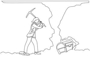 Single continuous line drawing businesswoman digging with pickaxe looking for hidden treasures. Woman digging and mining for treasure chest in underground tunnel. One line draw graphic design vector