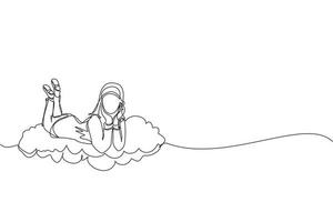 Continuous one line drawing dreamer. Arabian businesswoman lay on the clouds and dreaming or thinking something about new business. Woman lying on cloud. Single line design vector graphic illustration