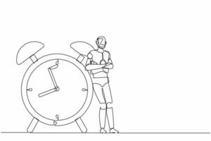 Single one line drawing robots lean on huge alarm clock. Modern robotics artificial intelligence technology. Electronic technology industry. Continuous line draw design graphic vector illustration