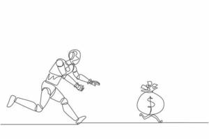 Single continuous line drawing robot chasing money bag dollar run away. Modern robotic artificial intelligence. Electronic technology industry. Dynamic one line draw graphic design vector illustration