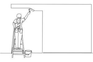 Continuous one line drawing painter standing on staircase paints wall. Woman is holding paint roller in hand. Human runs to provide construction work. Worker in uniform. Single line draw design vector