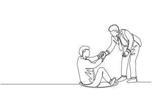 Single one line drawing businessman helping his friend by take him out from hole. Two men one of whom helps another. Business struggles. Modern continuous line draw design graphic vector illustration