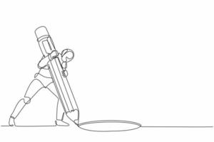 Continuous one line drawing robot making circle of holes with large pencil. Humanoid robot cybernetic organism. Future robotics development concept. Single line draw design vector graphic illustration