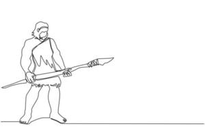 Continuous one line drawing caveman standing and holding big stone spear. Prehistoric bearded man dressed in animal pelt. Neanderthal hunter. Ancient homosapien. Single line draw design vector graphic