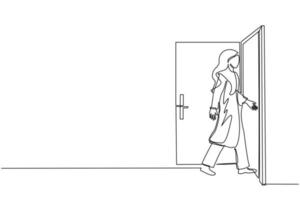 Continuous one line drawing Arab businesswoman enters the room through the door. Woman walking to opened door. Starting new day at office. Business concept. Single line draw design vector illustration