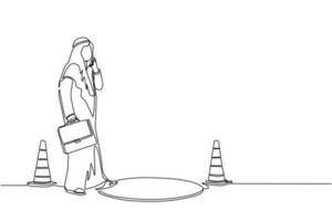 Continuous one line drawing Arabian businessman talking on cell phone and he does not see the hole in front. Man walks to business trap. Metaphor. Single line draw design vector graphic illustration