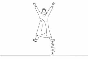 Single one line drawing happy Arab businessman jumping with spread his arms and legs. Young office worker celebrate success of company project. Continuous line draw design graphic vector illustration