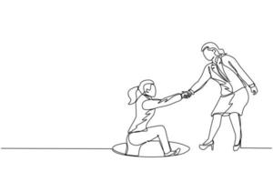 Continuous one line drawing businesswoman helping her friend by take her out from hole. Two women one of whom helps another. Business struggles. Single line draw design vector graphic illustration