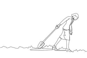 Continuous one line drawing businesswoman walking unsteadily leaving hole dug dragging shovel. Woman digs in tunnel trying to get to goal. She gave up, stopped trying. Single line draw design vector