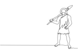 Single continuous line drawing prehistoric man holding stone spear on shoulders. Primitive person hunt. Stone age hunter. Man hunting an ancient animal with stone spear. One line draw design vector