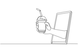 Single one line drawing hand holding bubble tea cup with straw through mobile phone. Concept of cafe drink order delivery online food. Application for smartphones. Continuous line draw design vector