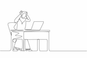Single one line drawing scary frustrated frightened Arab businesswoman clerk manager stands at laptop, holding head. Office overload, mental stress. Continuous line design graphic vector illustration