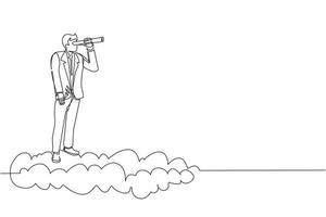 Single one line drawing businessman riding high cloud holding telescope or binocular to search for business visionary. Leadership vision to see company strategy. Continuous line draw design vector