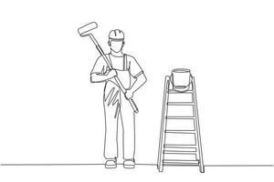 hombre pintor de dibujo de una línea continua en overoles con un rodillo de pintura, con cubo y escalera. pintor de habitaciones personal de mantenimiento. Obrero. ilustración gráfica de vector de diseño de dibujo de una sola línea