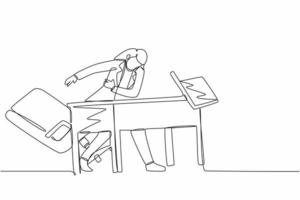 una sola línea de dibujo frustrada y furiosa joven mujer de negocios está enojada y arrojando una computadora portátil. malas emociones en el lugar de trabajo. estrés en el trabajo. ilustración de vector gráfico de diseño de dibujo de línea continua moderna
