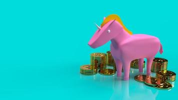 el unicornio rosa y las monedas de oro para la puesta en marcha de la representación 3d de contenido empresarial. foto