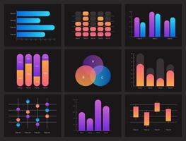 Study information visualization infographic chart design template set for dark theme. Comparison. Visual data presentation. Bar graphs and circular diagrams collection vector