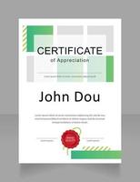 Eco forum organizator appreciation certificate design template. Vector diploma with customized copyspace. Printable document for awards and recognition