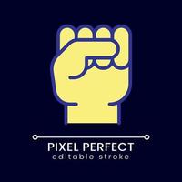 Raised fist pixel perfect RGB color icon for dark theme. Gesture of protest. Political solidarity. Simple filled line drawing on night mode background. Editable stroke vector