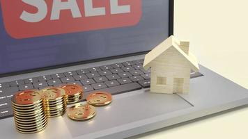 home wood on laptop and gold coin 3d rendering for property content. photo