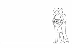 Continuous one line drawing cute pregnant woman and her husband holding baby shoes and hugging tummy. Pregnant woman holding baby shoes while husband touching her belly. Single line draw design vector