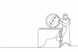 un hombre de negocios árabe de dibujo continuo que pone una moneda de un dólar en una billetera grande. pago directo, pago en efectivo, transferencia de dinero, transacción financiera personal. gráfico vectorial de diseño de dibujo de una sola línea vector