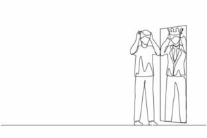 Single one line drawing narcissistic businessman looking at mirror and seeing in reflection of himself with crown on his head. Person overestimate, self confidence. Continuous line draw design vector