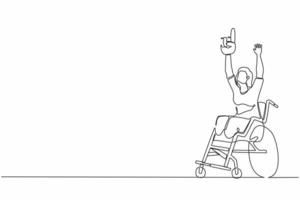 Single one line drawing happy disability young woman in wheelchair celebrating winning of football team.  soccer fan wheelchair user. Games championship. Continuous line design graphic vector