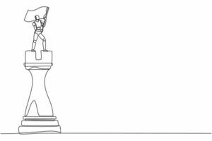 Single one line drawing robot standing on top of big rook chess and waving flag. Future technology development. Artificial intelligence machine learning process. Continuous line design graphic vector