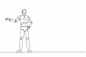 Continuous one line drawing robot showing something or presenting project. Humanoid robot cybernetic organism. Future robotic development concept. Single line draw design vector graphic illustration