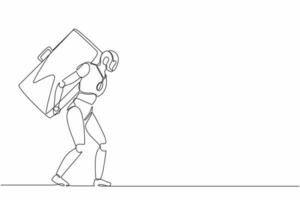 Continuous one line drawing robots standing and carrying heavy huge briefcase. Humanoid robot cybernetic organism. Future robotics development concept. Single line design vector graphic illustration