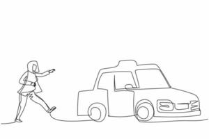 Continuous one line drawing businesswoman run chasing try to catch taxi cab. Hurry running to get a car, yellow public passenger vehicle. Business metaphor. Single line draw design vector illustration