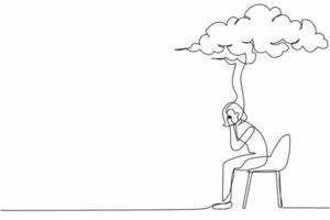 Single continuous line drawing sad businesswoman sitting on chair under rain cloud. Worried woman thinking about business project. Collapse of economy. One line draw graphic design vector illustration