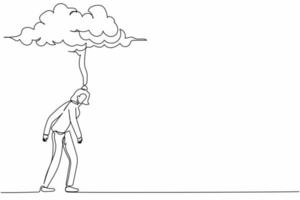 Single continuous line drawing depressed businesswoman in stress walking under rain cloud. Unhappy female manager depression cause failed in business. One line draw graphic design vector illustration