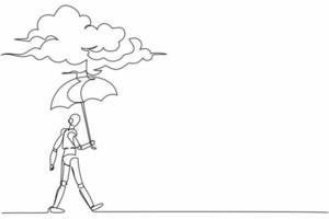 Continuous one line drawing robot walking with umbrella under rain cloud. Failed in business. Humanoid robot cybernetic organism. Robotic development. Single line design vector graphic illustration