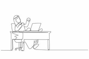 Single continuous line drawing Arabian businessman laughing out loud while pointing his finger at laptop. Happiness, business success, win, leader, development concept. One line graphic design vector