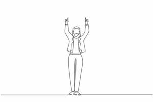 Single one line drawing happy businesswoman standing and both hands pointing with index fingers. Saleswoman celebrates salary increase from company. Continuous line design graphic vector illustration