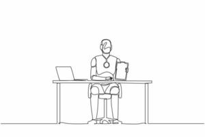 Continuous one line drawing robots sitting near office desk and showing clipboard. Humanoid robot cybernetic organism. Future robotics development concept. Single line draw design vector illustration