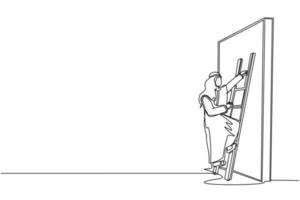 Single continuous line drawing Arabic businessman climbing up the wall with ladder. Business obstacle metaphor. Symbol for career growth, finding creative solution. One line draw graphic design vector