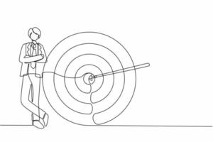 Single continuous line drawing happy businessman or manager is standing near target. Arrow hit target exactly. Making goals, successful business strategy. Dynamic one line draw graphic design vector