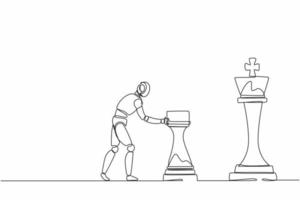 Single continuous line drawing robots push huge rook chess piece to take down king. Modern robotics artificial intelligence technology. Electronic technology industry. One line graphic design vector