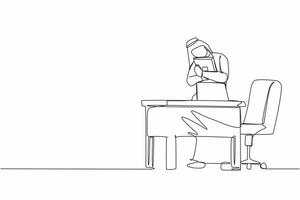 Continuous one line drawing Arab businessman hugging laptop at office. Love to computer concept. Emotional male. Human emotions, facial expression. Single line draw design vector graphic illustration