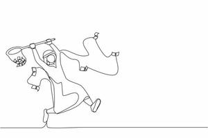 Continuous one line drawing Arab businessman trying to catch flying money with butterfly net. Running entrepreneur man using business opportunity to scoop dollar bills. Single line draw design vector